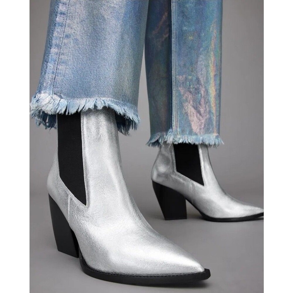 ALL SAINTS Ria Metallic Silver Leather Boots 9 Block Heel Pointed Toe Glam Rock